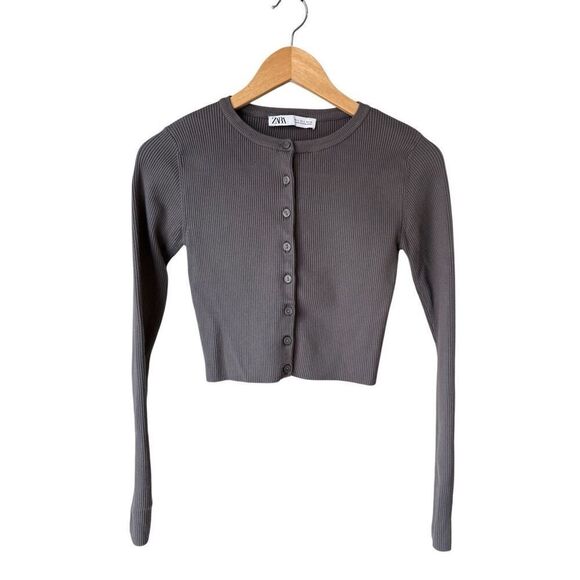 ZARA Ribbed Knit Cropped Cardigan In Gray Size S - Picture 6 of 10